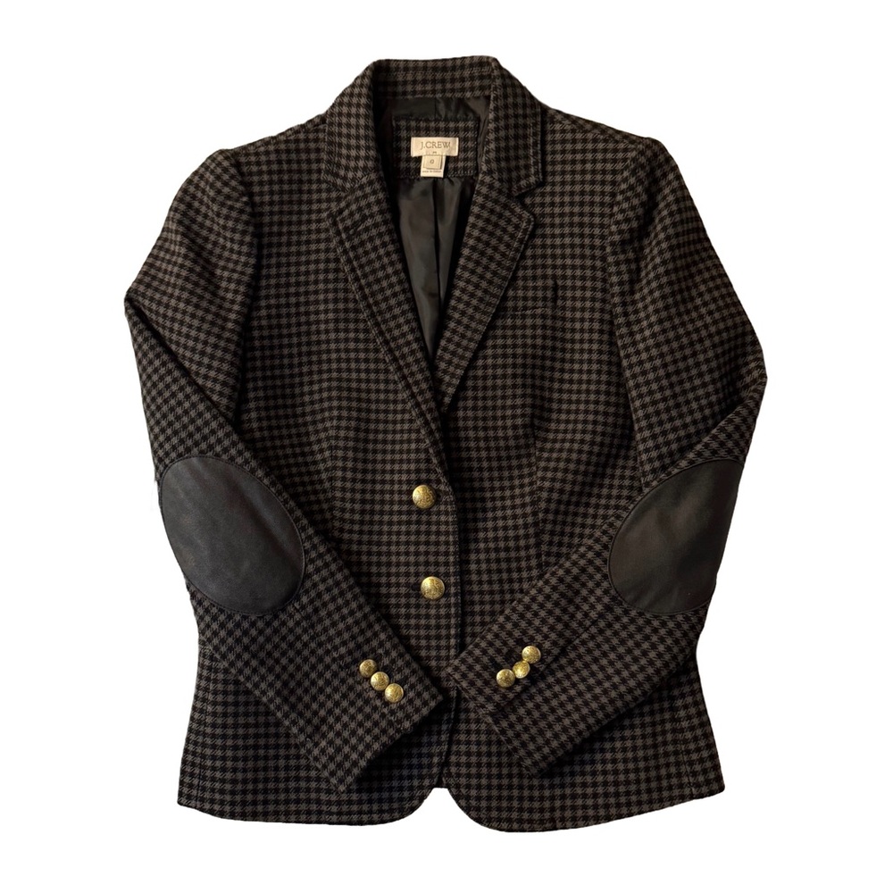 J. Crew Rhodes Tweed Blazer Womens Size 0 Houndstooth Elbow Patches Jacket